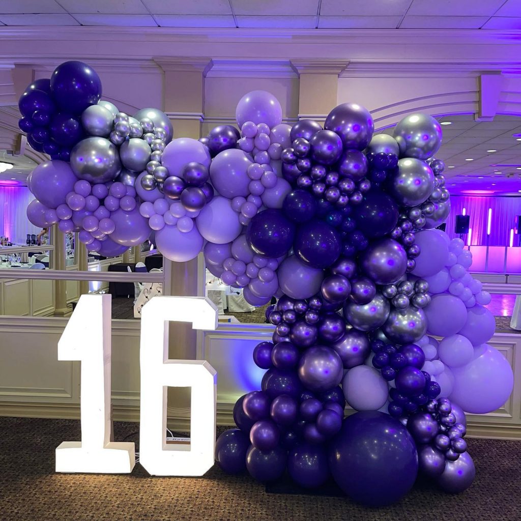 Fabulous focal point for this purple and silver Sweet 16! 💜💜💜
Always nice to decorate at The Pines Manor for over 20 years!  Staff is wonderful.
#sweet16 #sweet16balloons #organicballoons #16 #pinesmanor #birthdayballoons #balloonsnearme #eastbrunswickballoons #edisonballoons #professionalballoonartist #balloonsbytotalparty