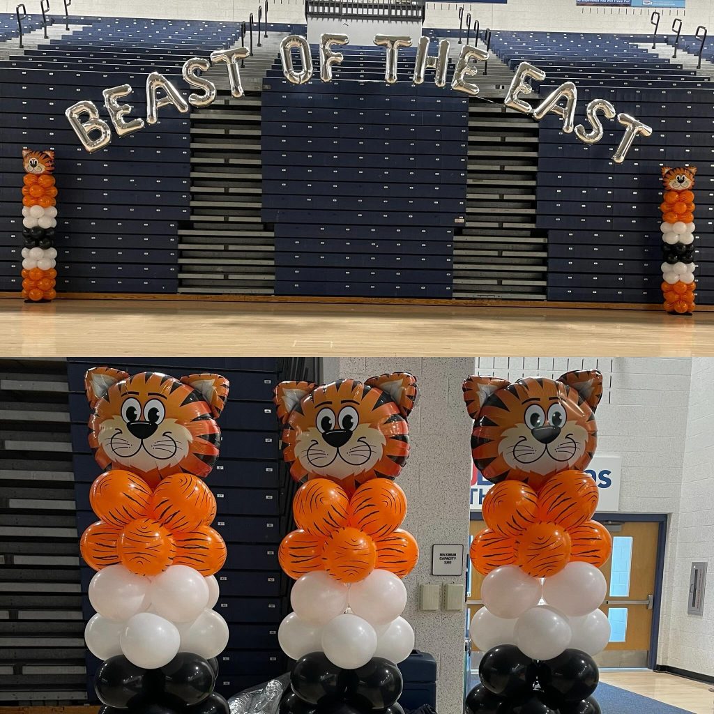 Good luck to all of the gymnasts competing this weekend! #beastoftheeast #gymnasts #balloonarch #tiger #tigerballoon #njballoons #balloonsbytotalparty