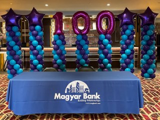 Magyar Bank 100th anniversary balloon columns at theater