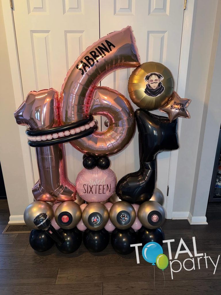 Our balloon marquees are truly one-of-a-kind. When a repeat client asks for a balloon delivery for her 16 year old daughter incorporating black, pink, rose gold, champagne balloons plus her favorite anime character and her favorite music artists, we did some research 😂and came up with this.  It&rsquo;s all in the details&hellip;. Custom sticker, vinyl records with custom labels, personalized name&hellip;  and now we know who Choso is. 😊
#balloondelivery #balloonmarquee #birthdaygift #sweet16 #keeplearning